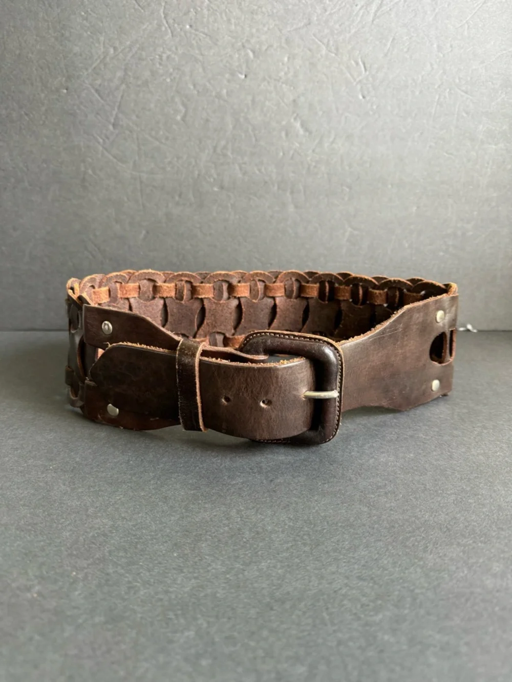 Vintage Woven Leather Belt Waist Statement Wide Brown Womens Small / Medium